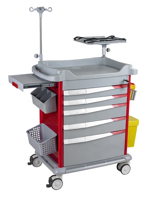 Color Moveable Hospital Emergency Trolley Hospital Furniture 4 Silent Medical Castors for Hospital ABS Plastic 5 Drawers ISO