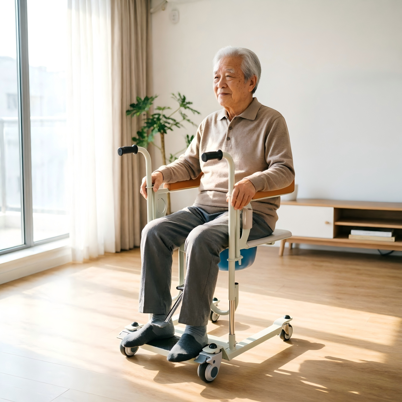 Elderly user seated in an ALK850H hydraulic transfer chair for home care