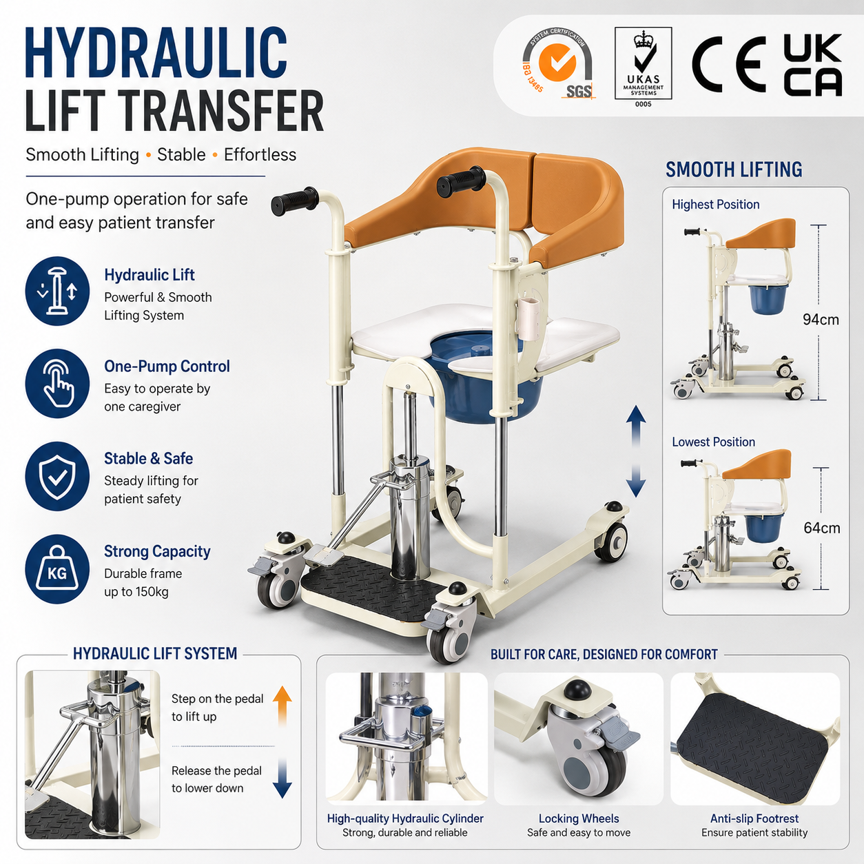 4-in-1 hydraulic patient transfer chair for toilet and shower care