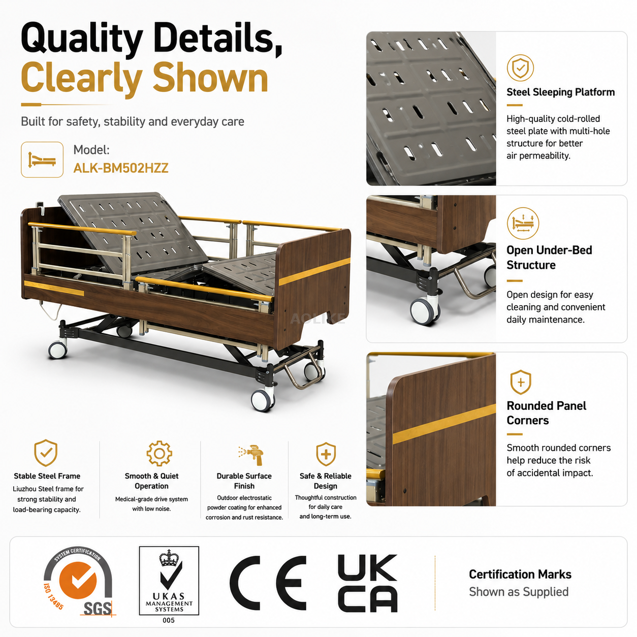ALK-BM502HZZ home care bed with configurable side rail access
