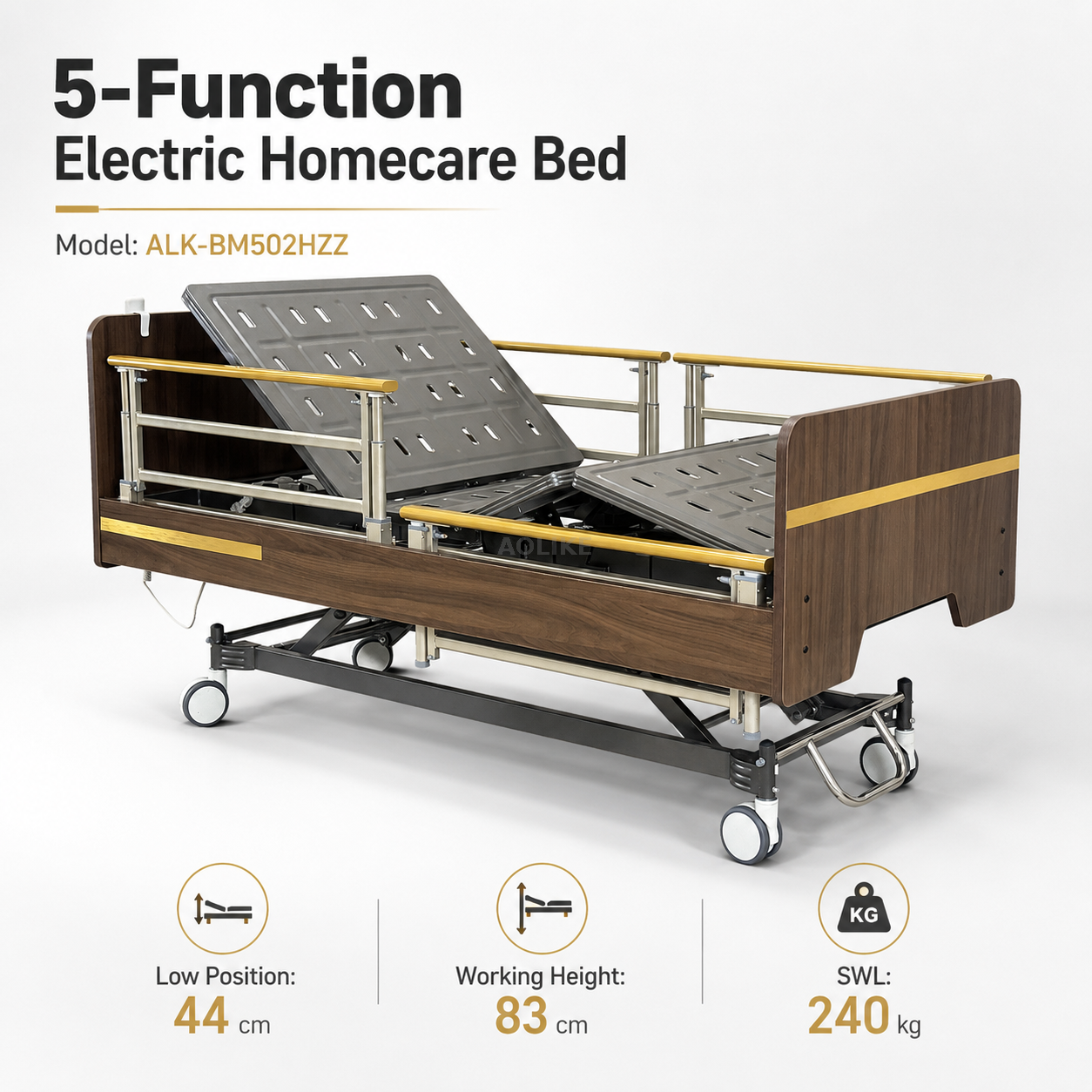 ALK-BM502HZZ adjustable height home care bed with 240 kg safe working load